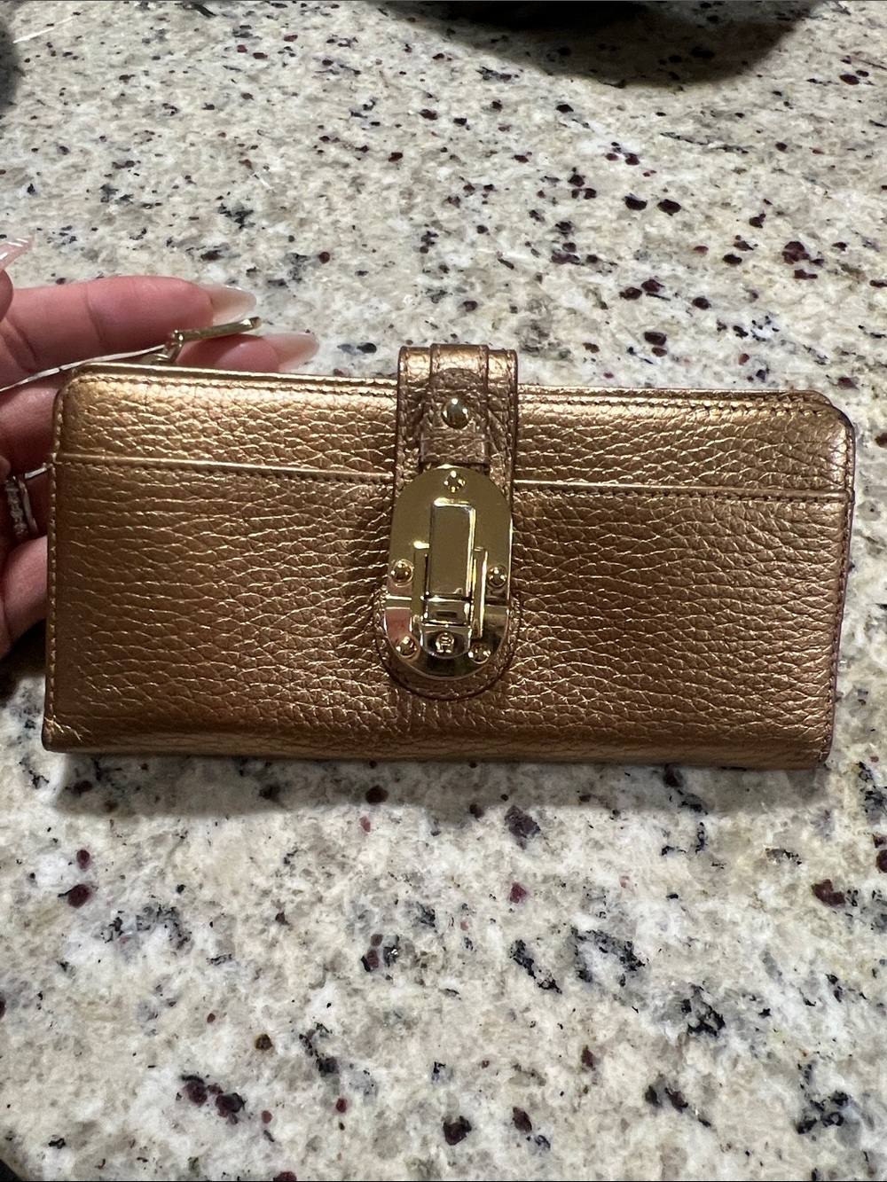Etienne Aigner Metallic Rose Gold Leather Card Wallet with Gold Hardware